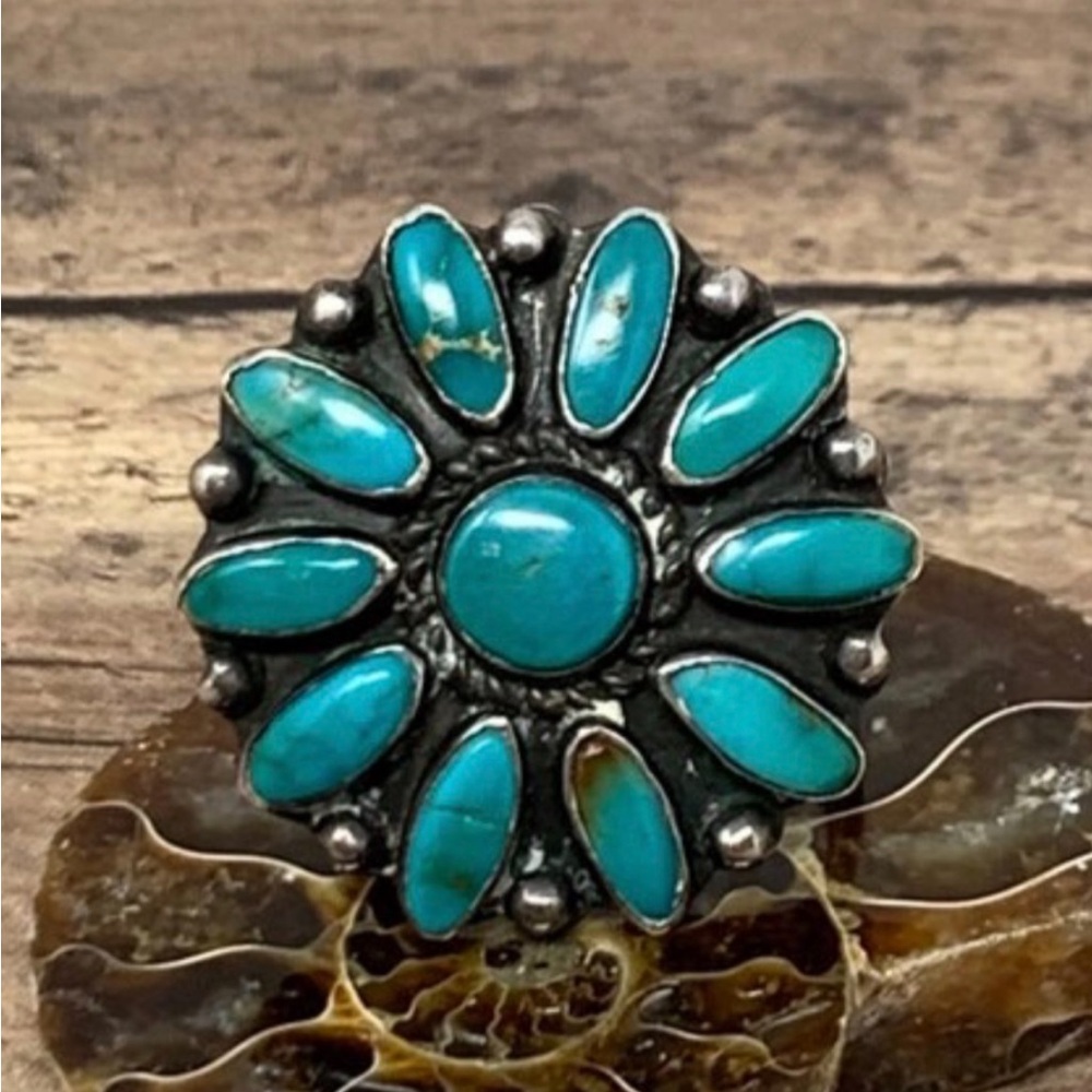 Turquoise Silver Floral Ring